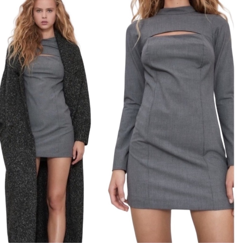 ZARA Women's Office Siren Grey Houndstooth Front Bust Cut Out Mini Dress Sz L